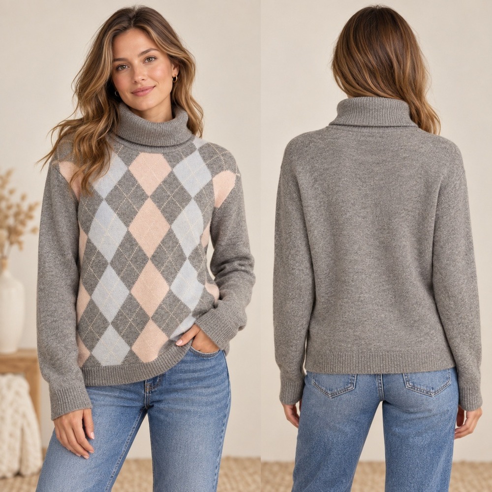 Talbots Argyle Turtleneck Sweater Women XL Gray Pink Blue Preppy Wool Blend